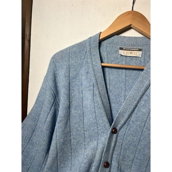 Vintage L Revere Sportswear Blue Leather Buttons Kurt Cobain Cardigan Sweater - Picture 2 of 3